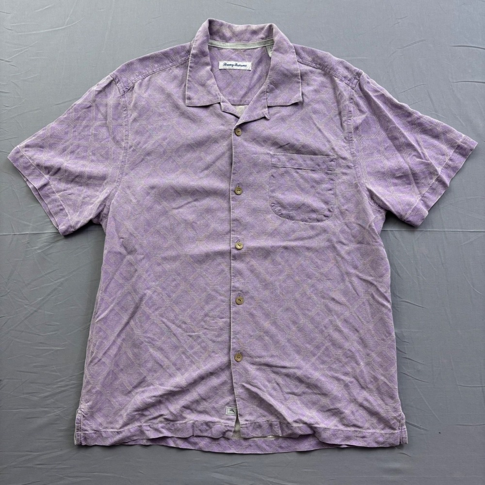 Tommy Bahama Mens Large Silk Button Down Shirt Purple Geometric Diamond Camp S/S